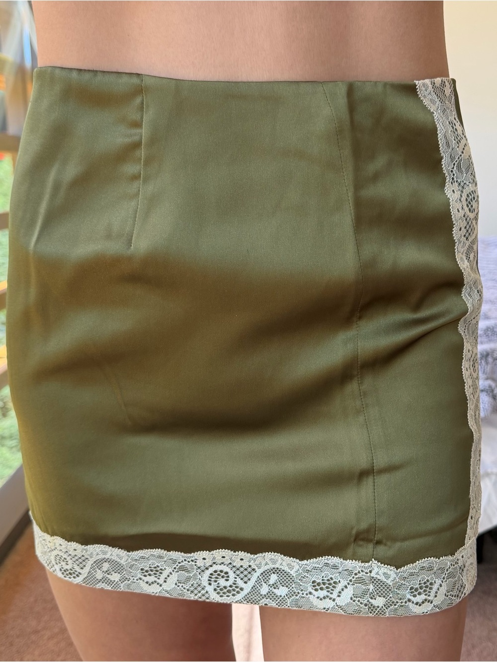 Mistress Rocks Hunter Green Satin Skirt with Cream Lace Trim